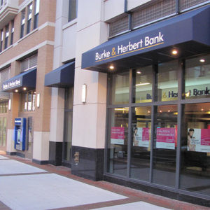 Burke &amp; Herbert Bank Clarendon branch in Arlington, VA, specializing in lobby services and ATM access for customers.