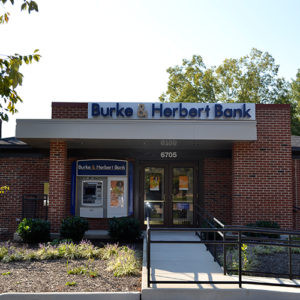 Exterior of Burke &amp; Herbert Bank McLean branch at 6705 Whittier Avenue, McLean, VA, offering lobby services.