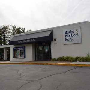 Burke &amp; Herbert Bank Springfield branch located on Backlick Road, Springfield, VA, providing drive-up and lobby banking services.