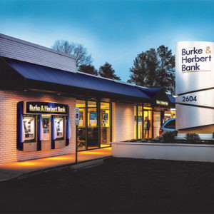 Burke &amp; Herbert Bank Sherwood Hall Lane branch in Alexandria, Virginia, focusing on lobby services and ATM access.