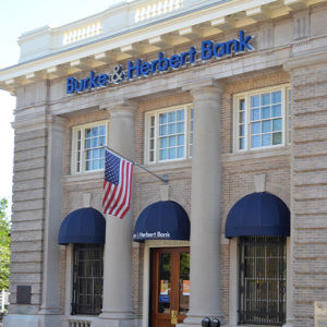 Exterior of Burke & Herbert Bank Main Office at 100 South Fairfax Street, Alexandria, VA, offering personal and business banking services.