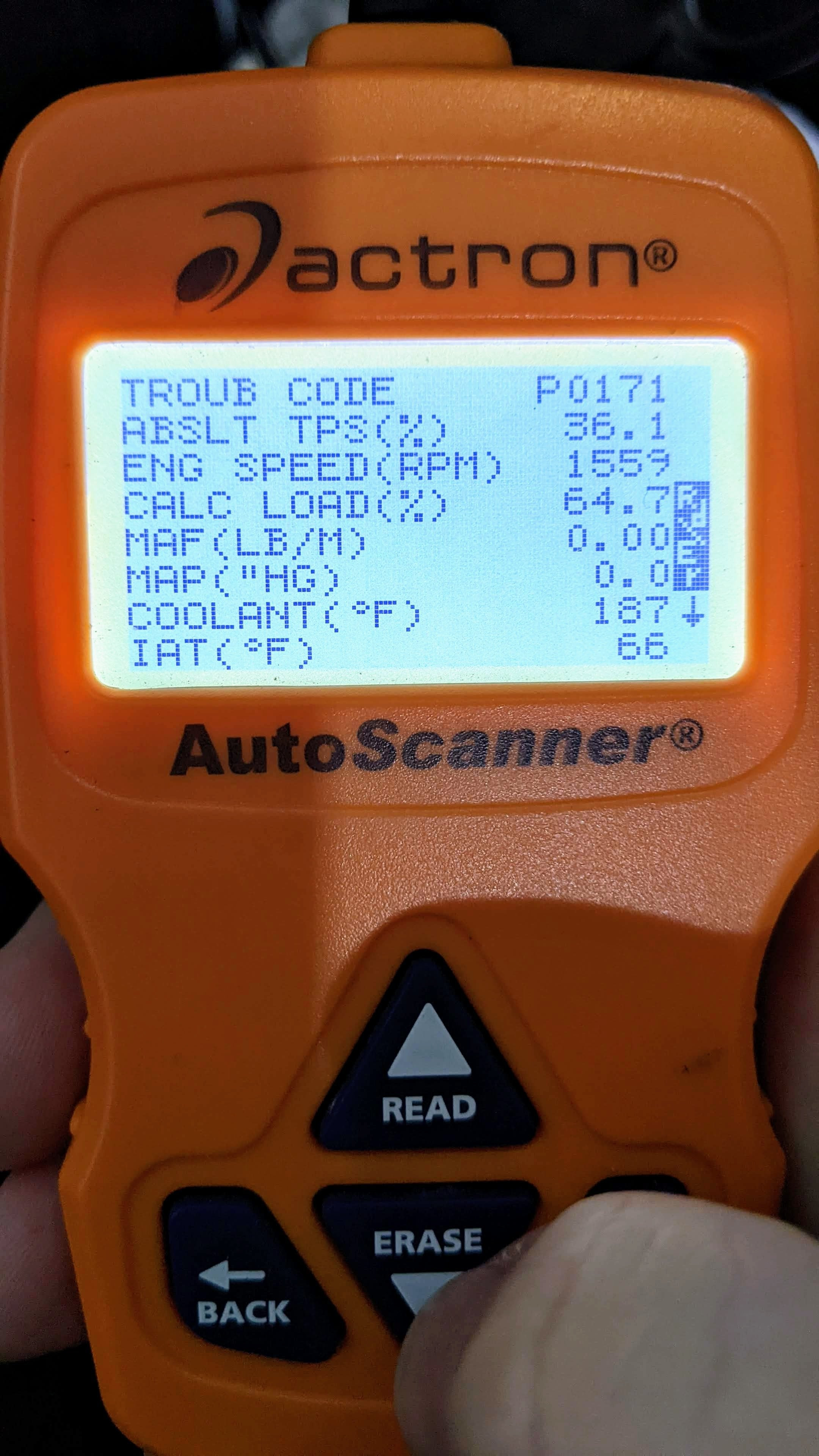 Code Scanner Freeze Frame Data Displaying RPM, Load, Coolant Temperature, MAF, and MAP Readings