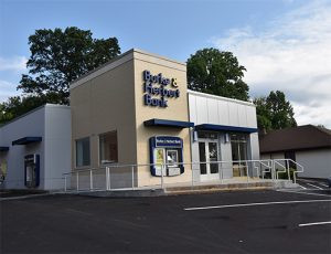Burke &amp; Herbert Bank Vienna branch on Maple Avenue East, Vienna, VA, featuring drive-up teller services and walk-up ATM.