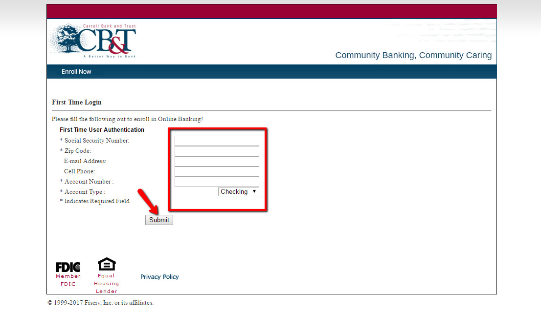 Carroll Bank and Trust online banking enrollment form