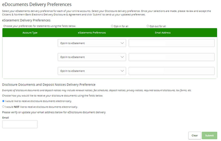 eStatements Enrollment Page on C&amp;N Bank Online Banking