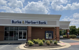 Burke &amp; Herbert Bank Fredericksburg branch on Cowan Blvd, Fredericksburg, VA, providing walk-up ATM and drive-up teller services.