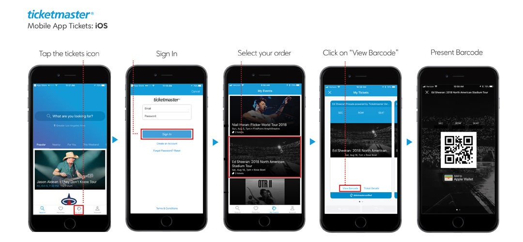 Step-by-step instructions on accessing mobile tickets on Ticketmaster's IOS App for Pinnacle Bank Arena events in Lincoln NE