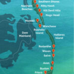 Map of Outer Banks, North Carolina, highlighting the Northern Beaches region, including popular towns and attractions for tourists planning beach vacations.