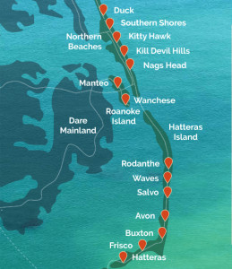 Map of Outer Banks, North Carolina, highlighting the Northern Beaches region, including popular towns and attractions for tourists planning beach vacations.