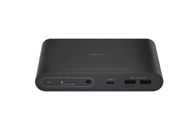 Close-up of Omnicharge Omni Mobile 25600 portable laptop power bank highlighting its USB-C PD, USB-A, DC, and wireless charging options.
