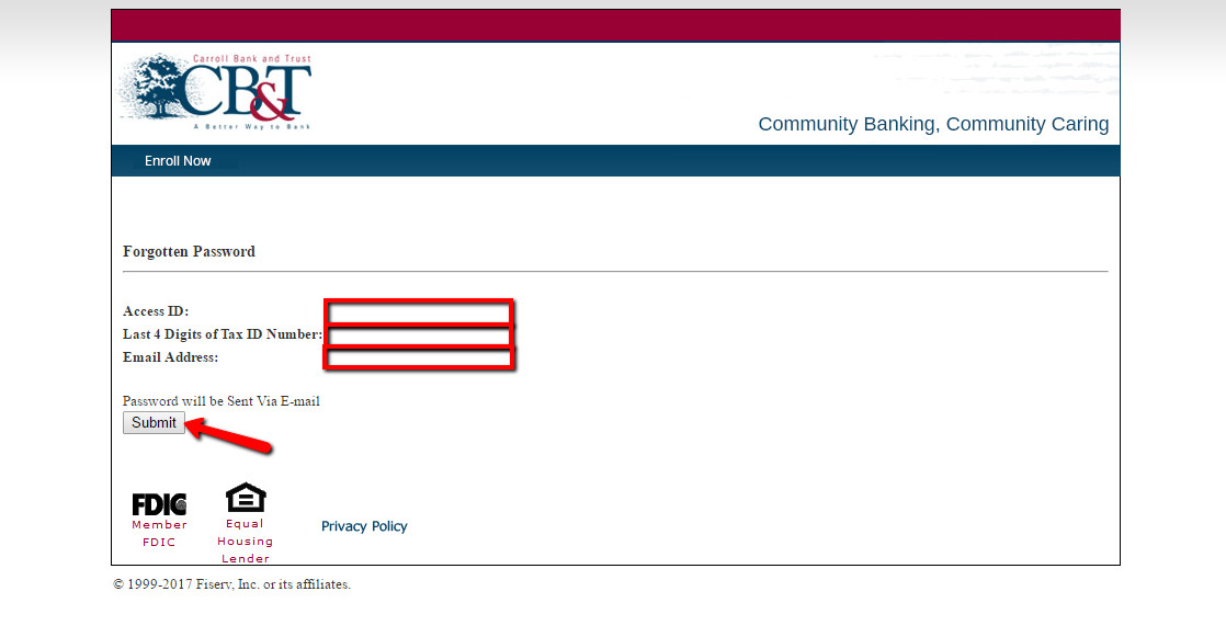 Carroll Bank and Trust password reset form