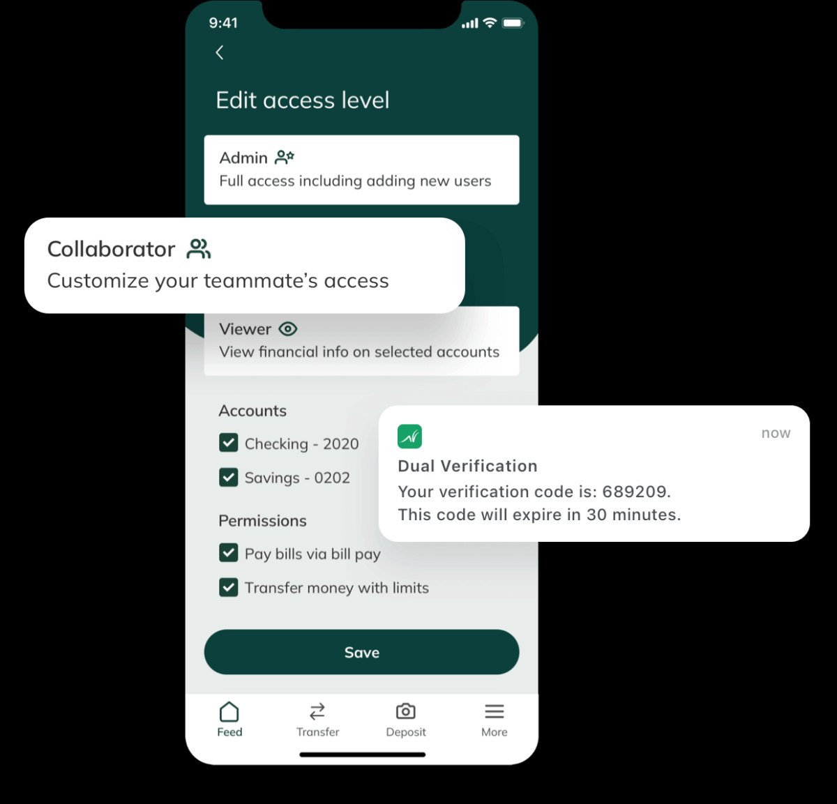 User access controls and security features, emphasizing secure and controlled business banking