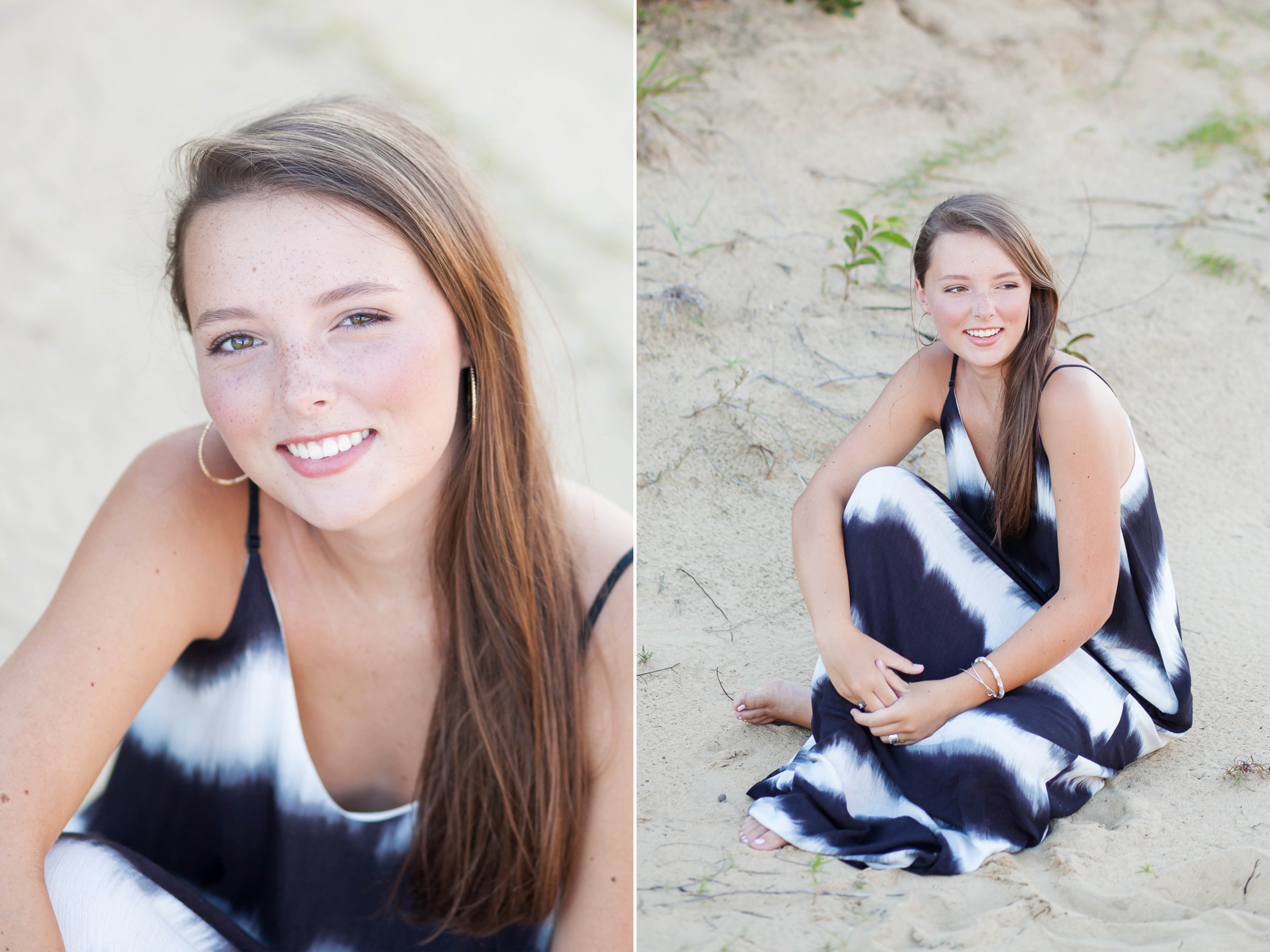 Outer Banks senior portrait session at sunset, Emily posing elegantly on the beach
