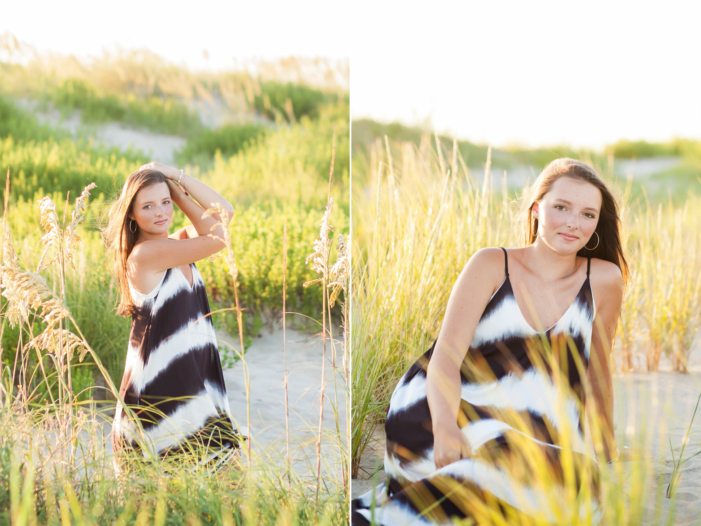 Golden hour light senior portraits, Outer Banks, enhancing Emily's beauty