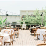 Tables elegantly set on Teak Rooftop for a wedding reception in Red Bank, NJ.