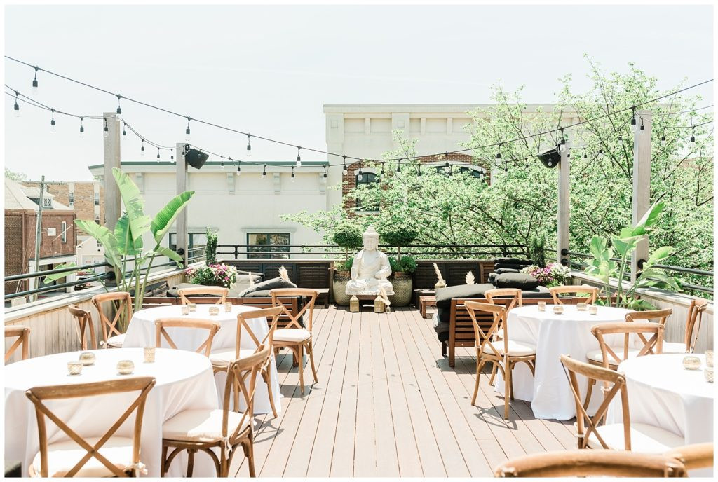 Tables elegantly set on Teak Rooftop for a wedding reception in Red Bank, NJ.
