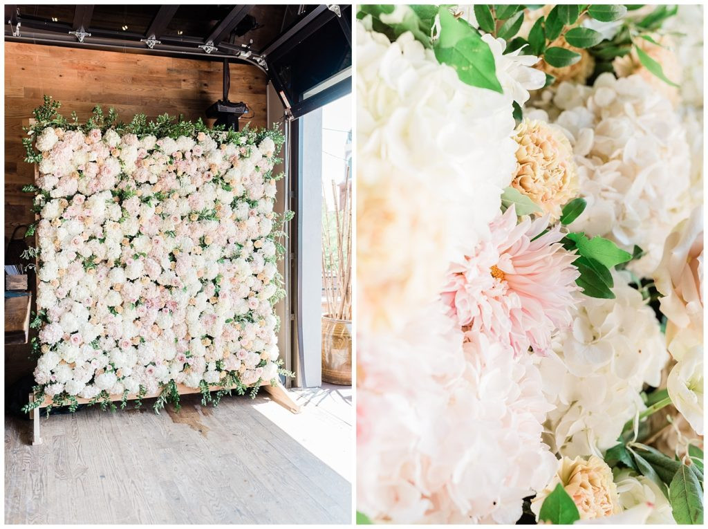 Dreamy flower wall in cream and pink hues at Teak Red Bank wedding reception.