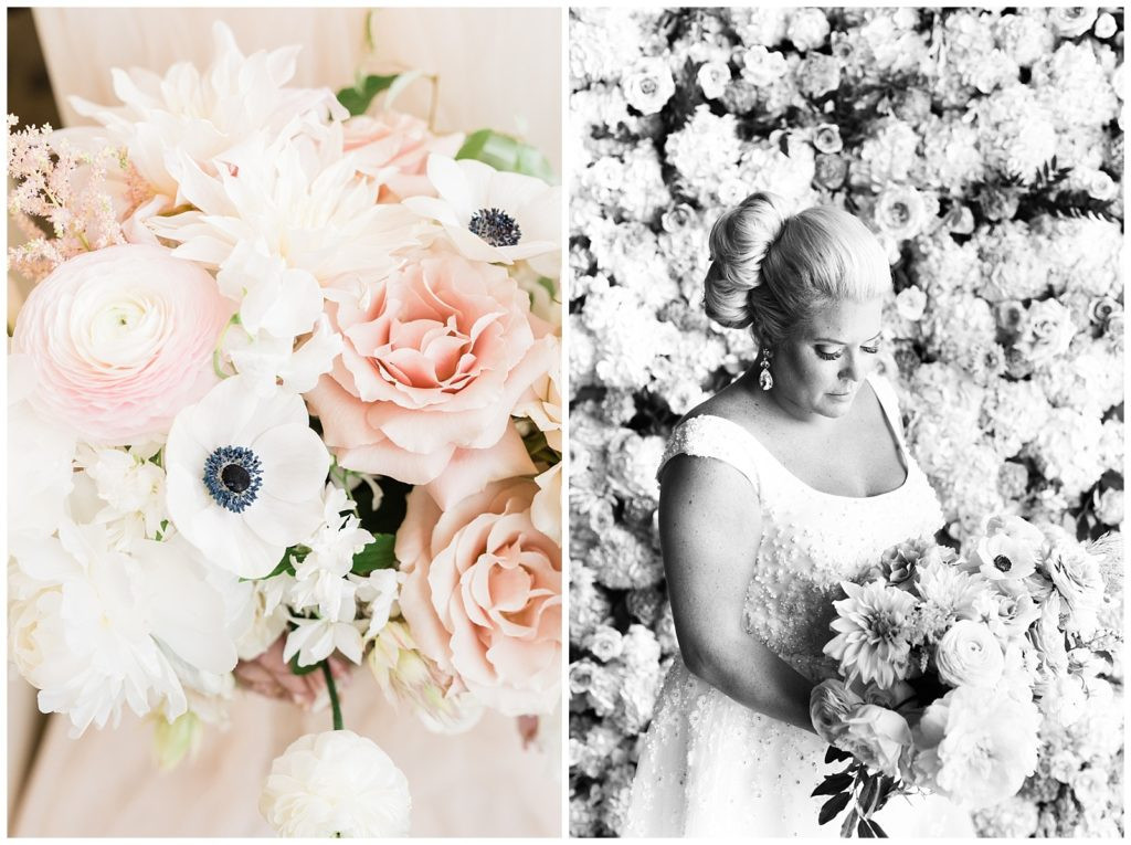 Bride admiring her bouquet of muted tone florals at her Red Bank Teak wedding.