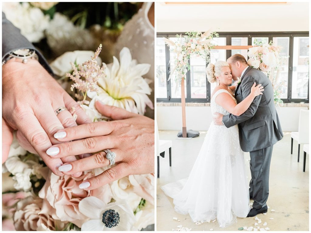 Bride and groom showcasing their wedding bands at Teak wedding ceremony in Red Bank.