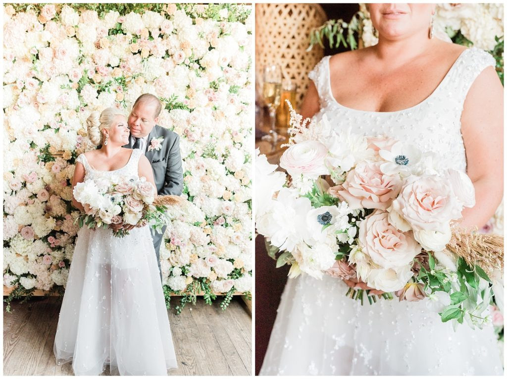 Bride holding her neutral muted tones bouquet at her Teak Red Bank wedding.