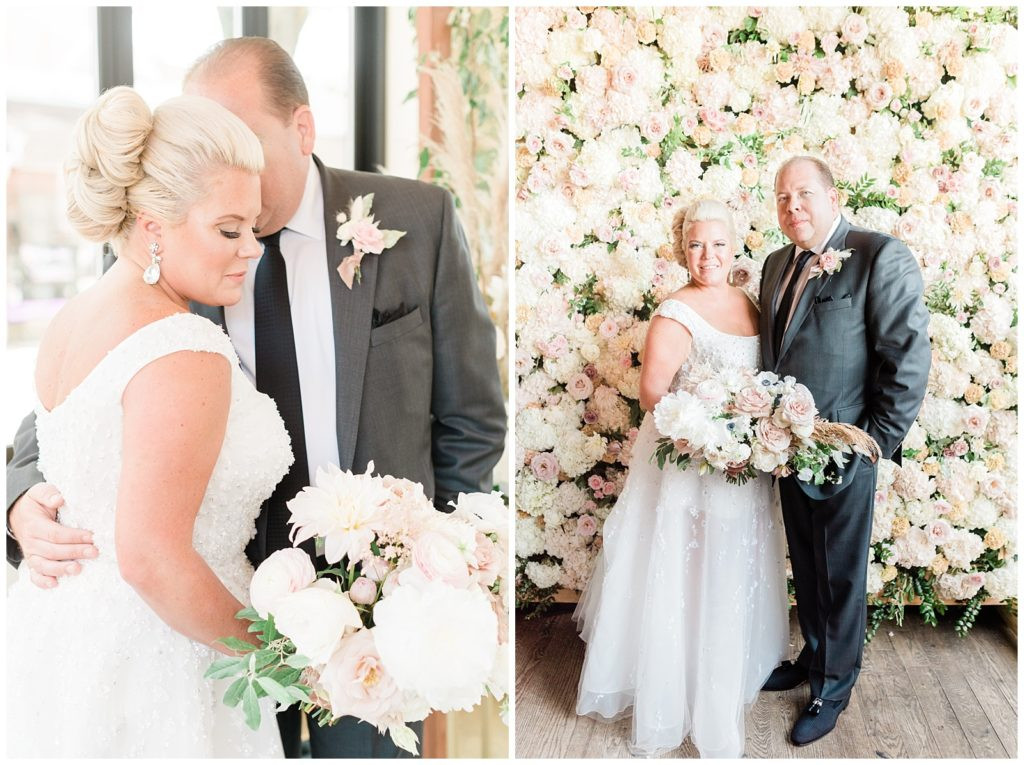 Bride and groom embracing at their wedding at Teak restaurant in Red Bank.