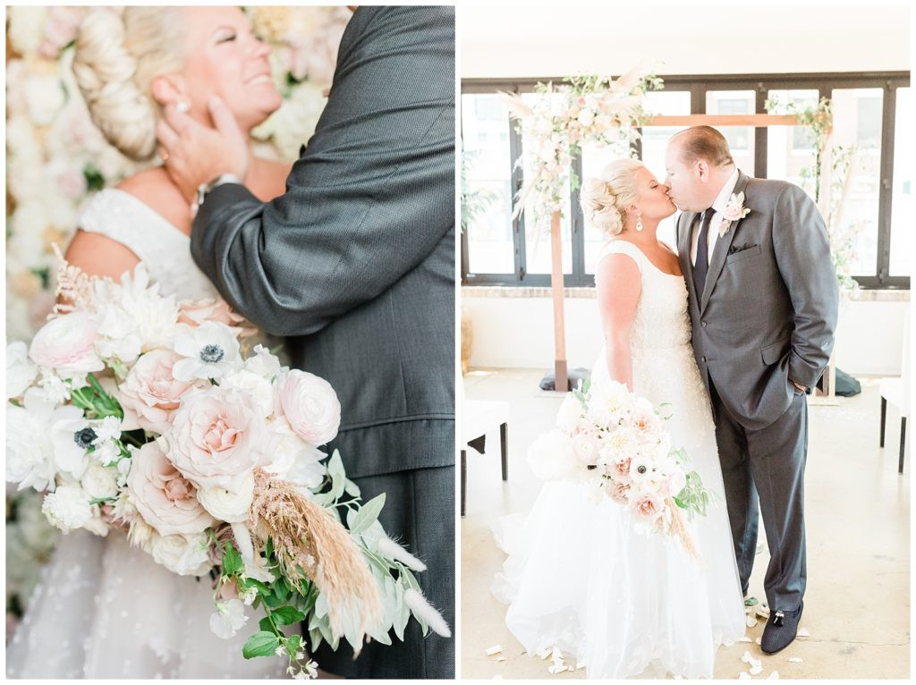 Bride and groom's first kiss as married couple at Teak Red Bank wedding.