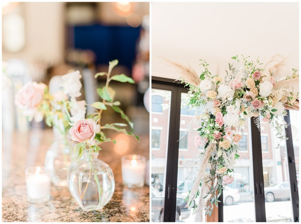Charming floral details at the wedding ceremony space at Teak in Red Bank.