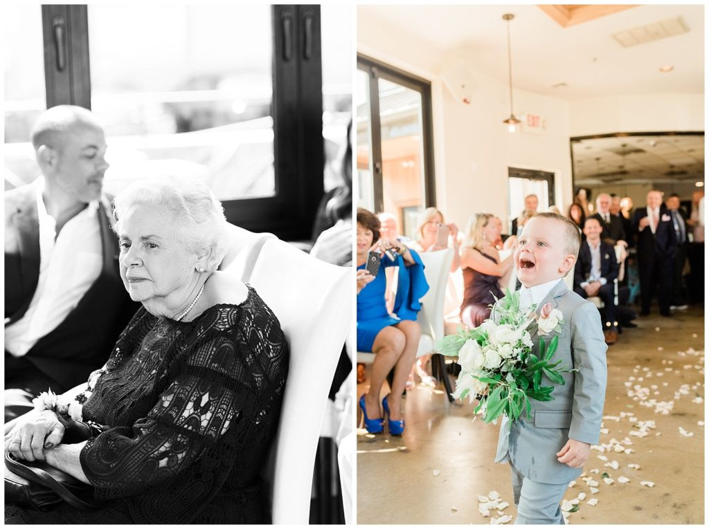 Ring bearer walking down the aisle during the ceremony at Teak Red Bank wedding.