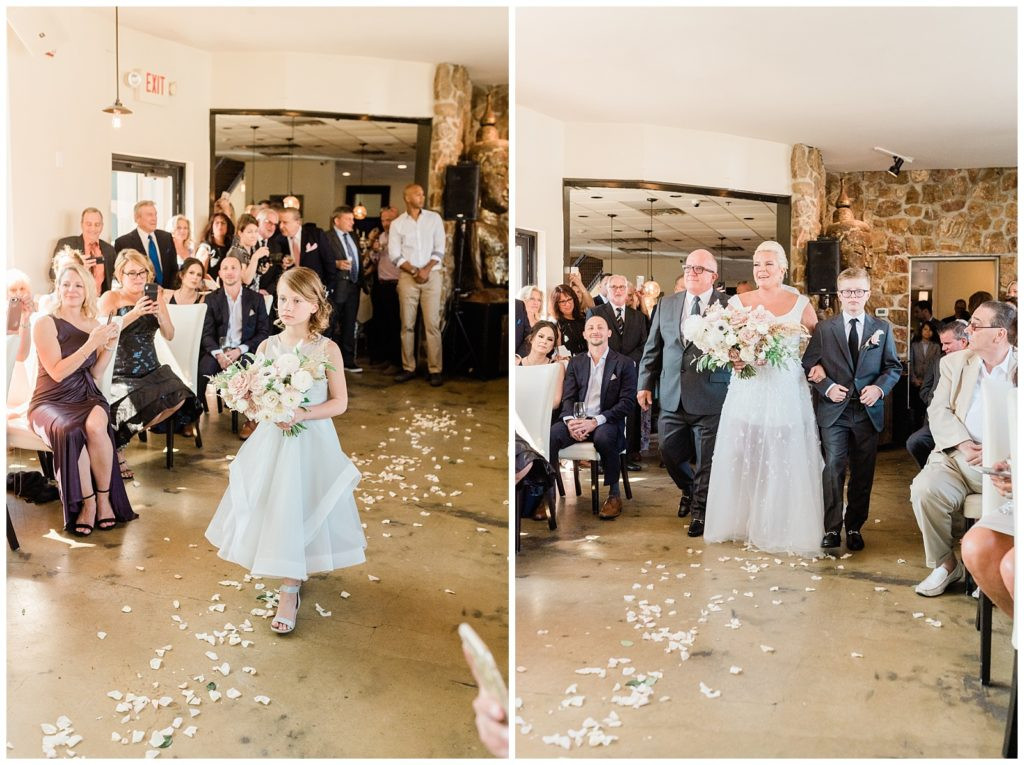 Bride escorted by her father and son down the aisle at Teak Red Bank wedding.
