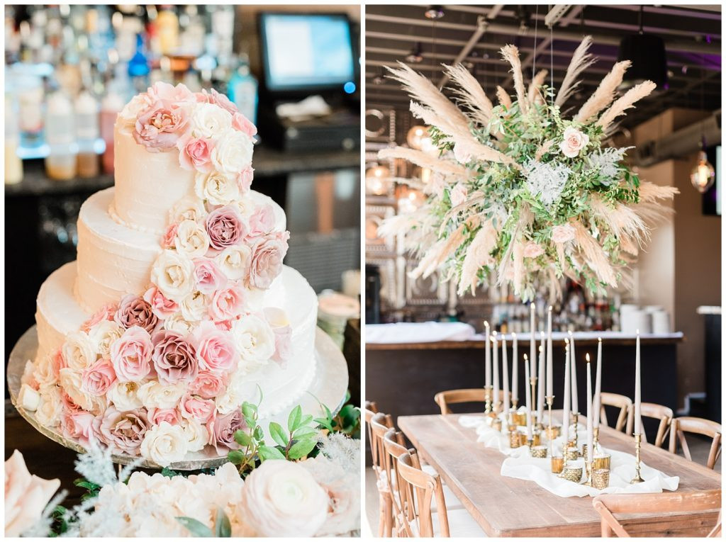 Candle sticks and suspended floral arrangement at Teak Rooftop wedding reception.