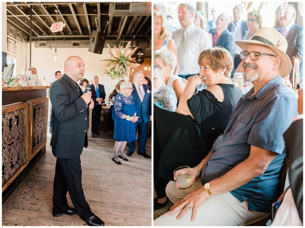 Best man giving a toast at the reception at Teak Red Bank wedding venue.